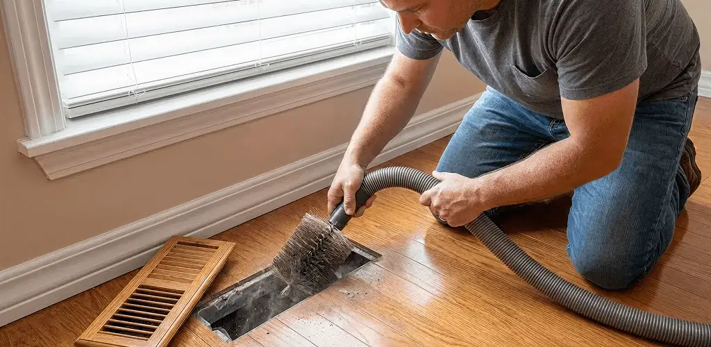 Air duct cleaning technician vacuuming a floor vent and duct opening in Aurora, CO