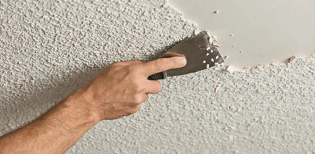 Popcorn ceiling removal scraping off textured ceiling finish in Aurora, CO