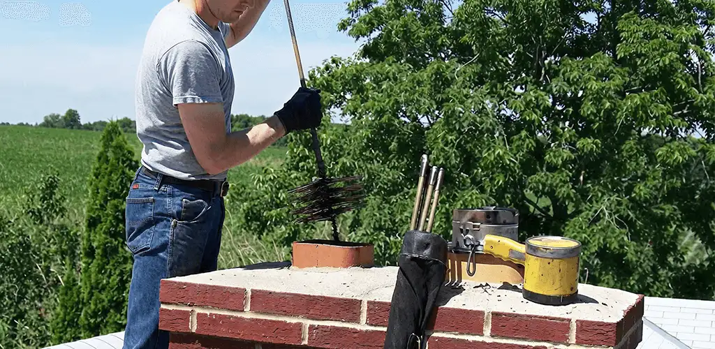 Chimney cleaning technician working on a rooftop chimney with professional tools in Aurora, CO