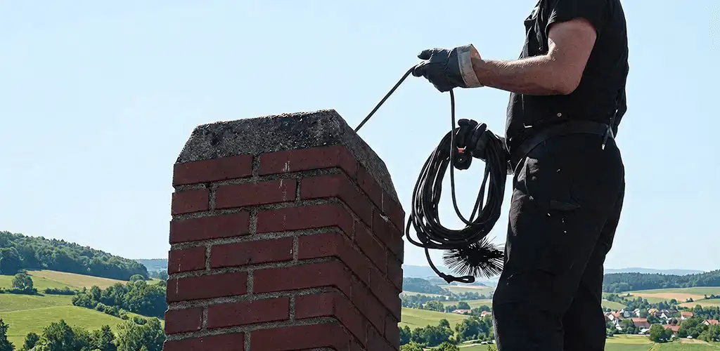 Chimney sweep inspecting and cleaning a rooftop chimney in Aurora, CO