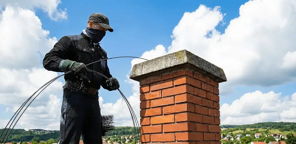 Chimney sweep cleaning a brick chimney with professional tools in Aurora, CO