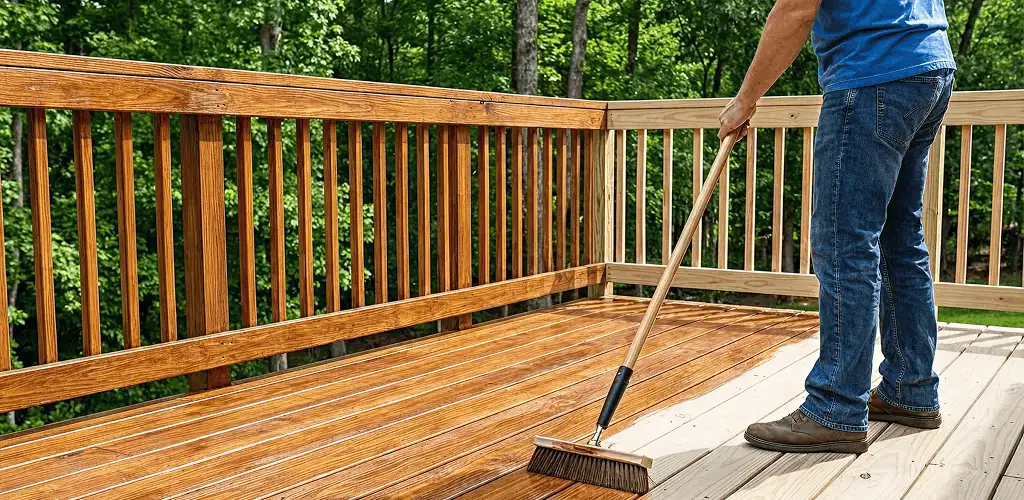 Deck staining and sealing application on a wood deck in Aurora, CO