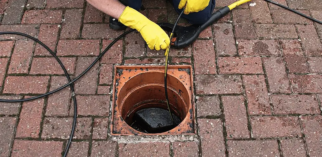 Drain cleaning technician using a drain snake to clear a clogged drain in Aurora, CO