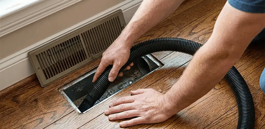 Air duct cleaning technician vacuuming a floor register and duct opening in Aurora, CO