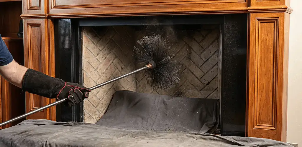 Chimney cleaning service brushing soot from a fireplace and flue in Aurora, CO