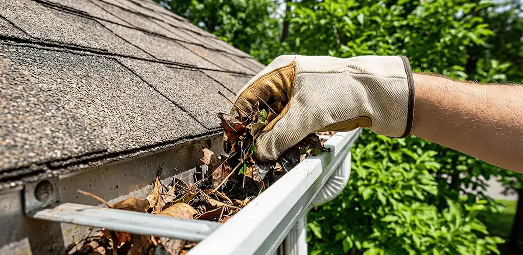 Gutter cleaning removing leaves and debris from roof gutters in Aurora, CO