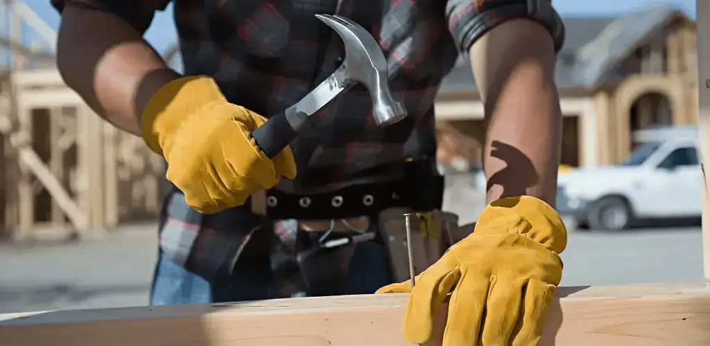 Handyman fixing wood trim with a hammer for home repairs in Aurora, CO