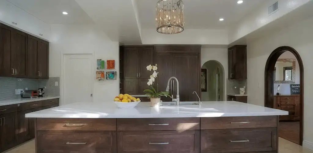 Cabinet refacing project with updated kitchen cabinets and island in Aurora, CO