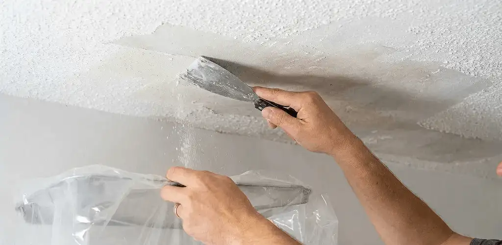 Popcorn ceiling removal technician scraping texture from a ceiling in Aurora, CO