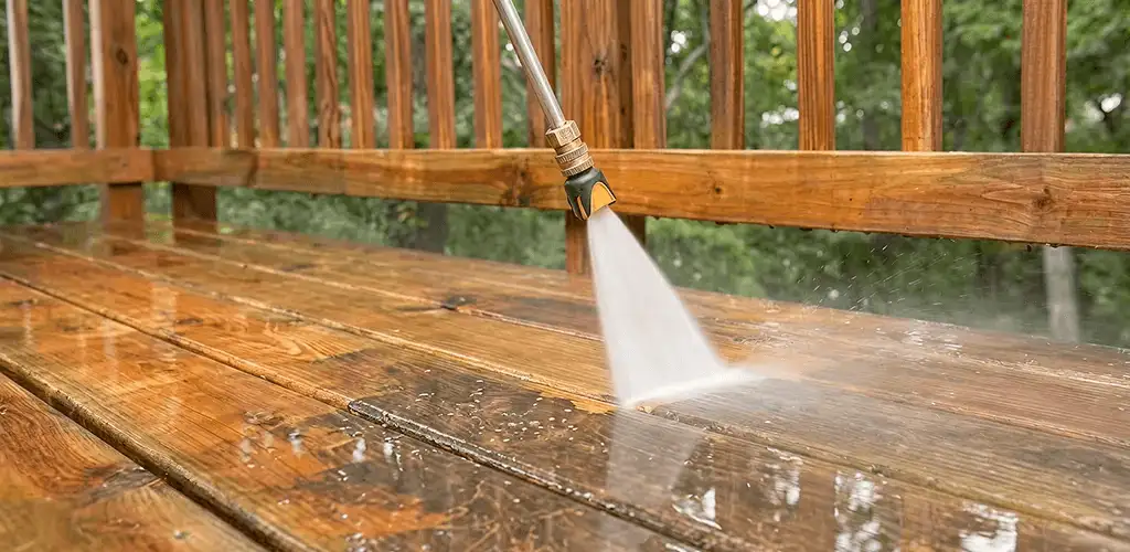 Pressure washing a wood deck to remove dirt and buildup in Aurora, CO