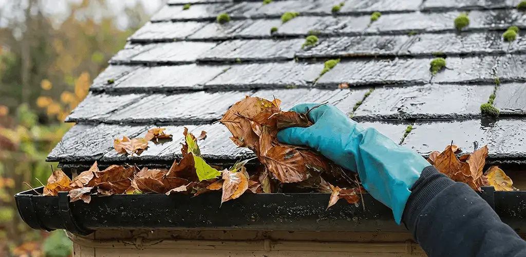 Gutter cleaning technician clearing wet leaves from roof gutters in Aurora, CO