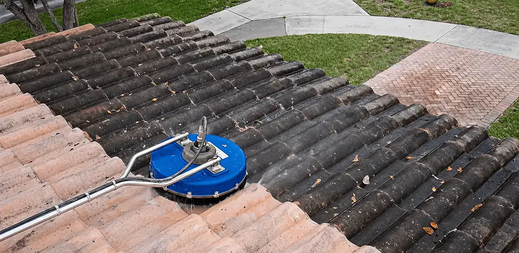 Roof pressure cleaning removing debris and buildup from roof tiles in Aurora, CO