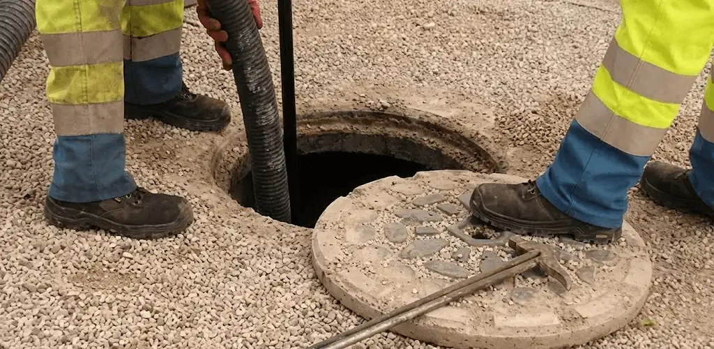 Drain cleaning crew clearing a sewer access point with professional equipment in Aurora, CO