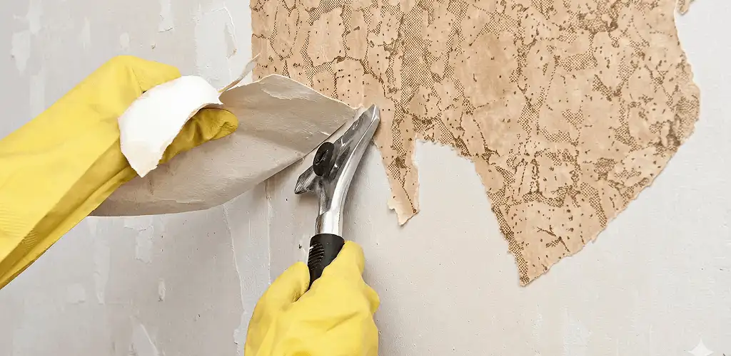 Wallpaper removal service stripping old wallpaper from a wall in Aurora, CO