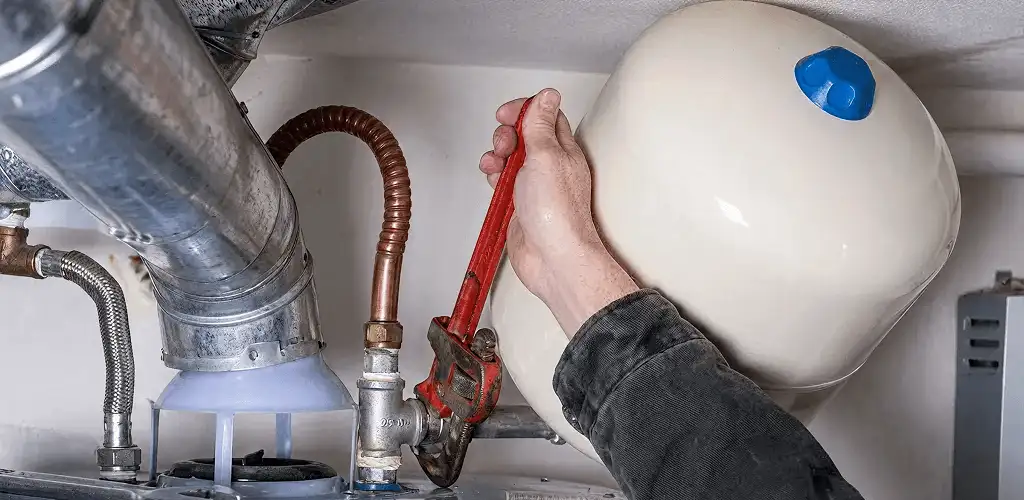 Water heater repair technician tightening plumbing connections near a tank unit in Aurora, CO